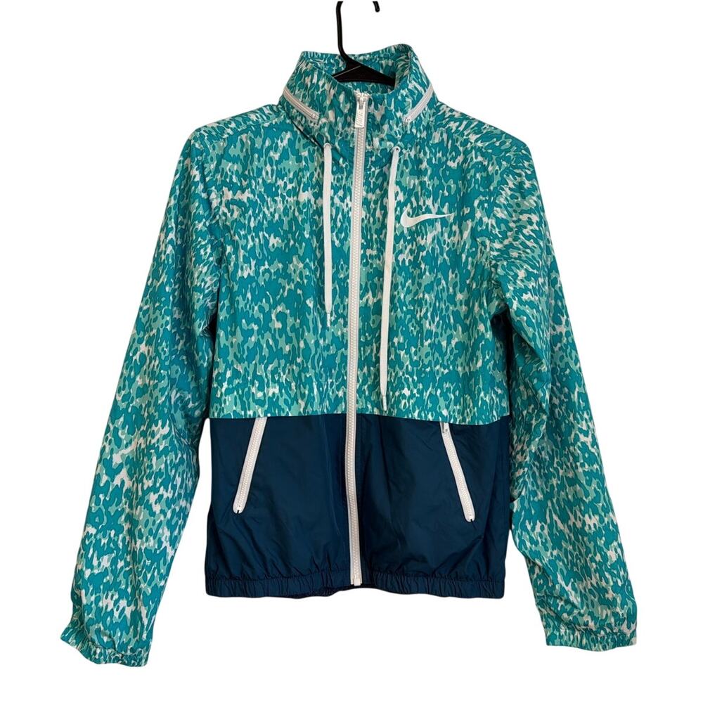 Nike Women’s Windbreaker Jacket Full Zip Packable Hood, Blue Green, Medium